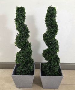 ** JUST REDUCED ** PAIR of 4ft Faux Boxwood Spirals in 12in Gray Planters (2 for $110) @ Lasting Creations