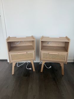 Set of 2 Brand New In Box Night Stands Beige / Wood Color with Drawer Storage & Powered Outlet