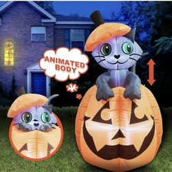 Joiedomi 5 ft Tall Halloween Inflatable Animated Kitty Cat On Pumpkin Inflatable Yard Decoration with Build-in LEDs Blow Up Inflatables for Halloween 