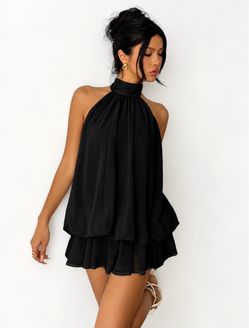 SHEIN Tiered Halter Neck Mini Dress Black S l High Neck Open Back Little Black Dress