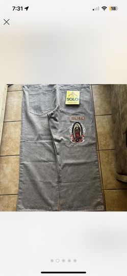 deadstock vintage y2k gray  baggy wide leg solo semore  jeans with virgin mary print