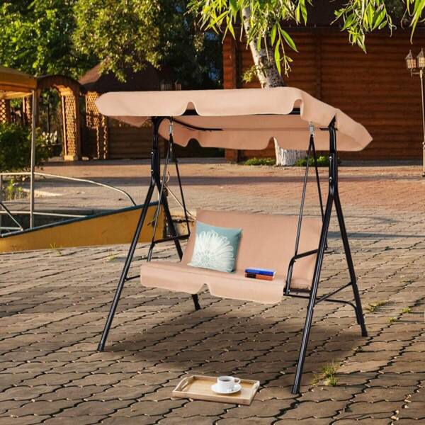 Brand New In Box, 2-Person Metal Weather Resistant Canopy Patio Swing in Beige for Porch Garden Backyard Lawn，$120