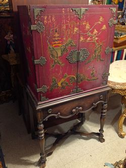 Antique 1920s  Mohlhenrich Chinoiserie Red Lacquer Cocktail Cabinet/Hand Painted