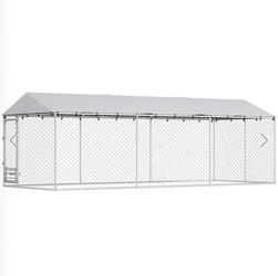 PawHut Walk-In Outdoor Dog Kennel with Roof, Bowls & Double Locks, Silver