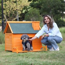 Dog House, 39 inch Wooden , Indoor Outdoor Pet Shelter with Platform, PVC Curtain, Door, Asphalt Roof, Pet House for Small to Medium Sized Dogs, Orang