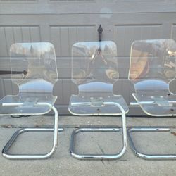 Set of 3 Vintage 1970s Paper Clip Lucite & Chrome Dining Chairs by Luigi Bardini