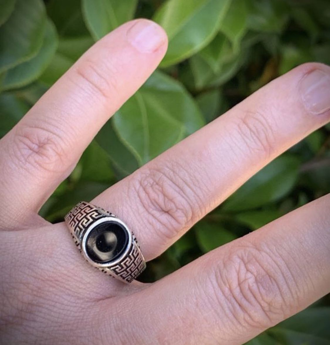 STATELY! Size 9 Solid 925 Sterling Silver GREEK KEY RING Gemstone: Smooth Oval Cut Cabochon Onyx MEN’S WOMEN’S UNISEX