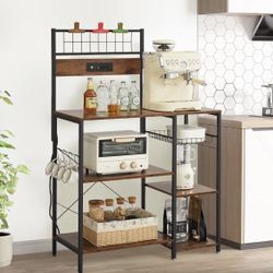 Kitchen Bakers Rack with Power Outlet, Microwave Stand, Coffee Bar Kitchen Storage Rack with Wire Basket, 6 Hooks, Kitchen Shelves for Spices, Pots, a