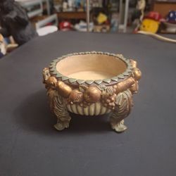 Vintage Mid 20th Century Ceramic Cachepot With Sculpted Ornate Base With Fruits & Foliage Motif 4.75"W x 2.75"H