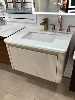 30” Floating Vanity, Cream Color, Solid Wood, Stone Top, Available For Pick Up
