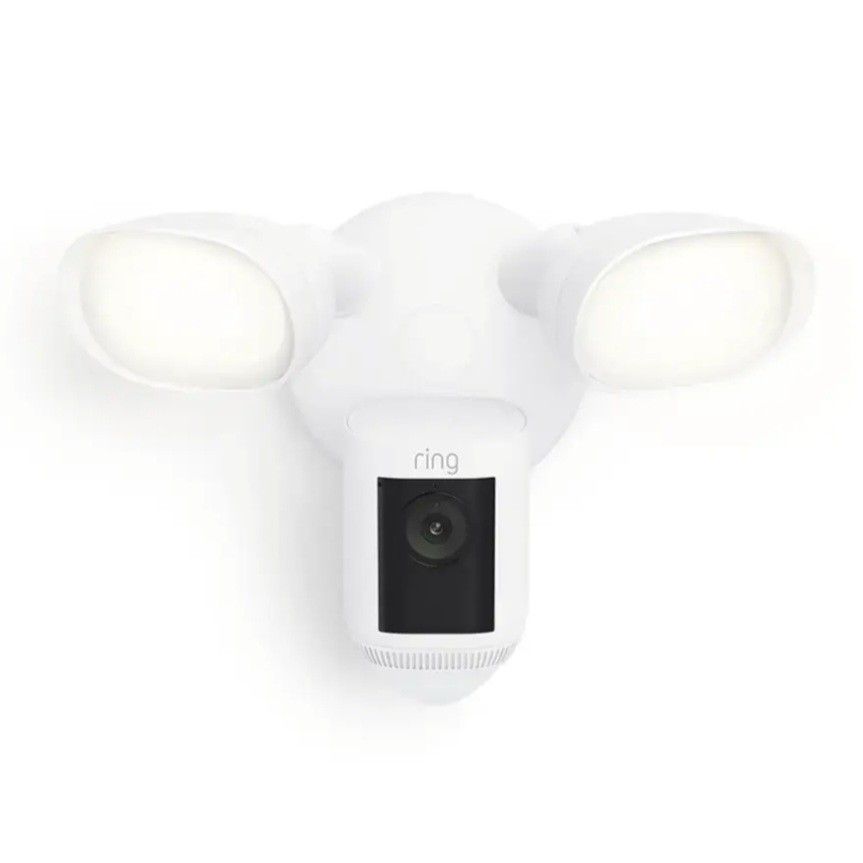 RING Floodlight Cam Pro with 2K Video Ring Vision, 2 LED Lights, Dual Band Wi-Fi & 3D Motion Detection (White)