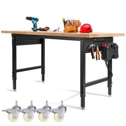 Height Adjustable Workbench with Wheels 60”×22” Heavy Duty Work Table 2000 LBS Capacity Rolling Work Table Rubber Wood Work Station with Power Outlet 