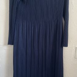 Unbranded Blue Round Neck Long Sleeve Knee Length  MIDI Dress Plisse  POLYESTER