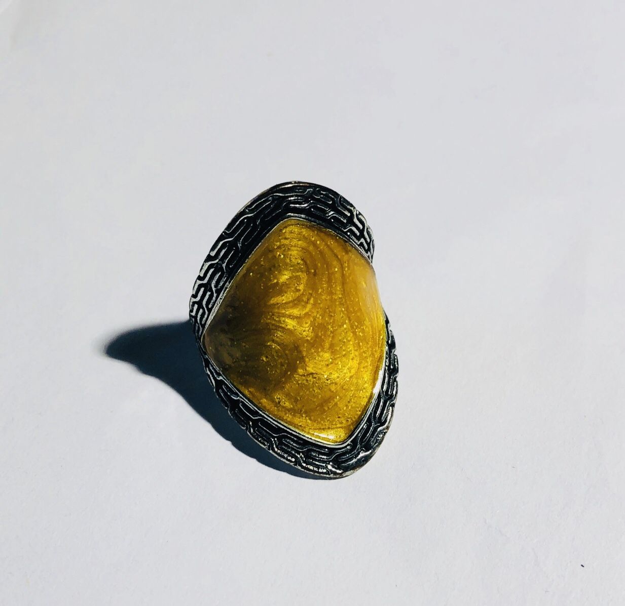 Honey Amber Statement Ring Size 7.75 Silver Plated