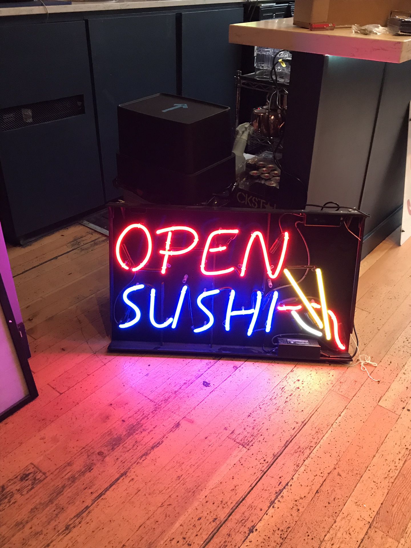 Neon open sushi sign
