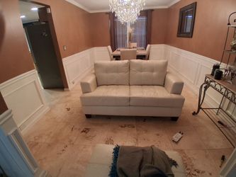 Cream Leather Tufted Loveseat