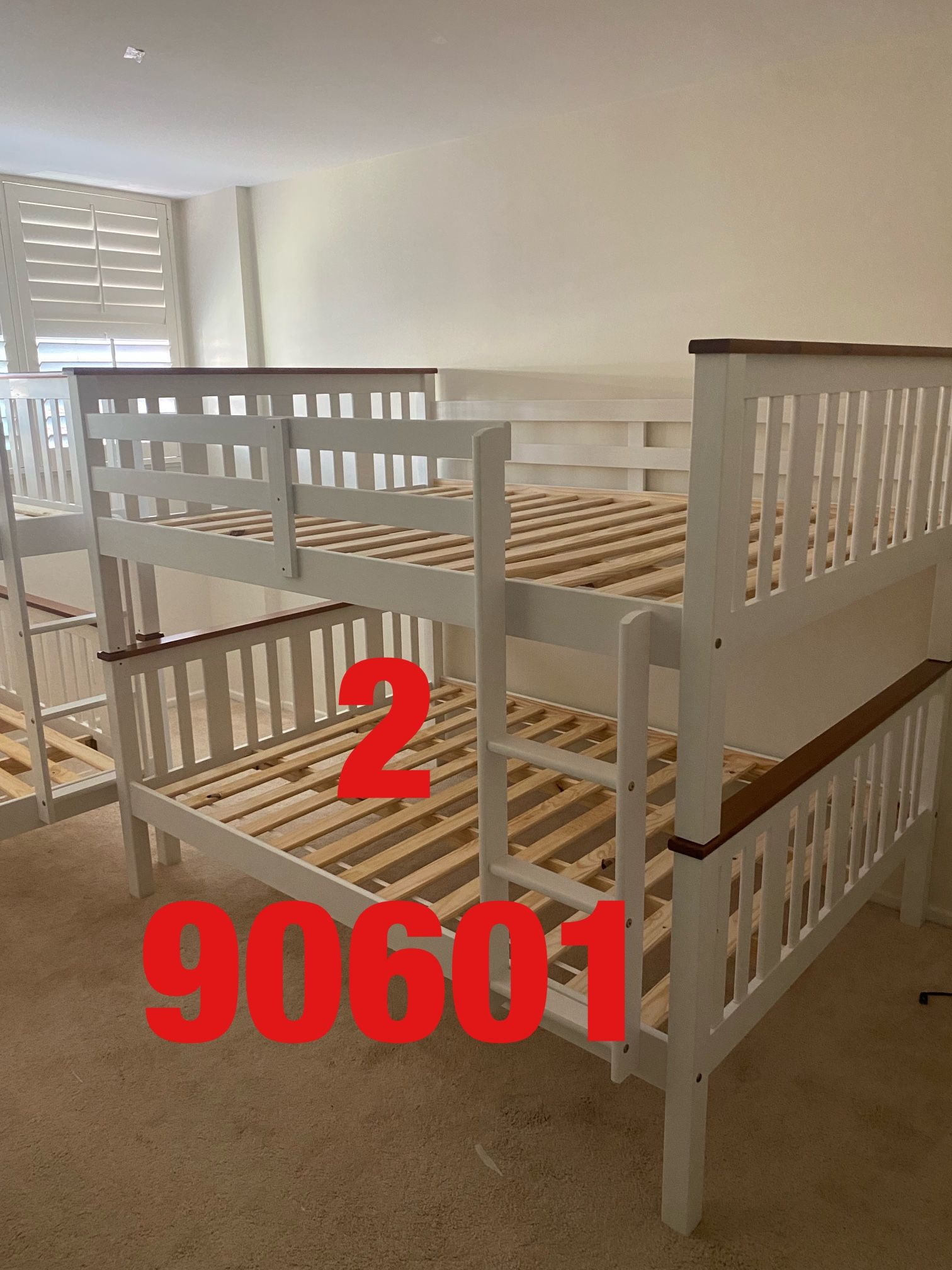   Full over Full bunk bed. Espresso & white-$499. Full mattresses -$125.00 each. Assembly not included. Free delivery.