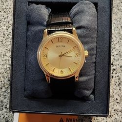 Bulova Men's Gold Case Black Leather Band Watch