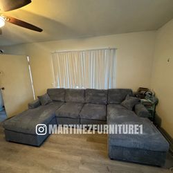 BRAND NEW DARK GREY DOUBLE CHAISE CORDUROY SECTIONAL SOFA (NEW IN BOX)