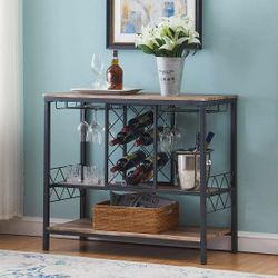Industrial Wine Rack Table with Glass Holder Open Storage