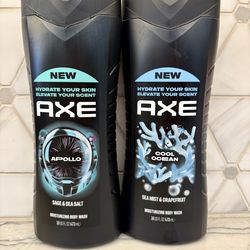 Axe men moisturizing body wash, 16 ounce bottles. Axe Apollo scent with sage and sea salt or Axe Cool Ocean scent with sea mist and grapefruit. NEW