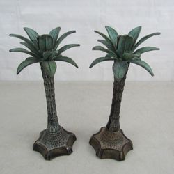 Pair Of Brass Vintage Palm Trees Taper Candlestick Holders 9 3/4" Tall


