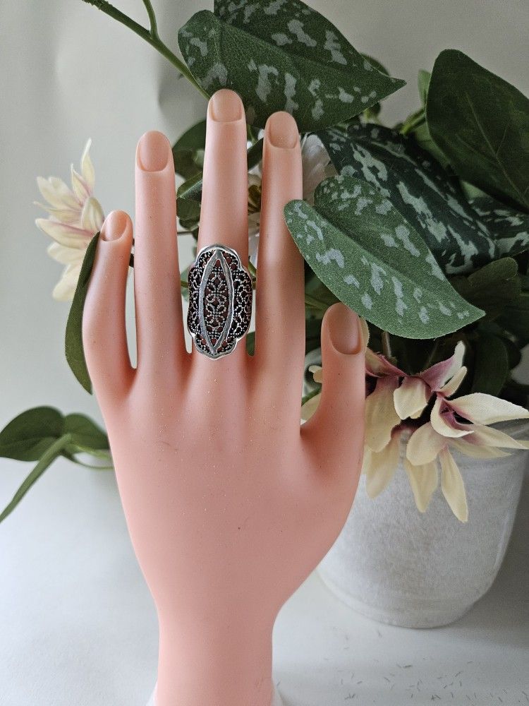 silver boho hippie coxktail ring size 6 3/4