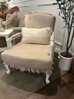 French Country Linen Armchair with Distressed White Legs