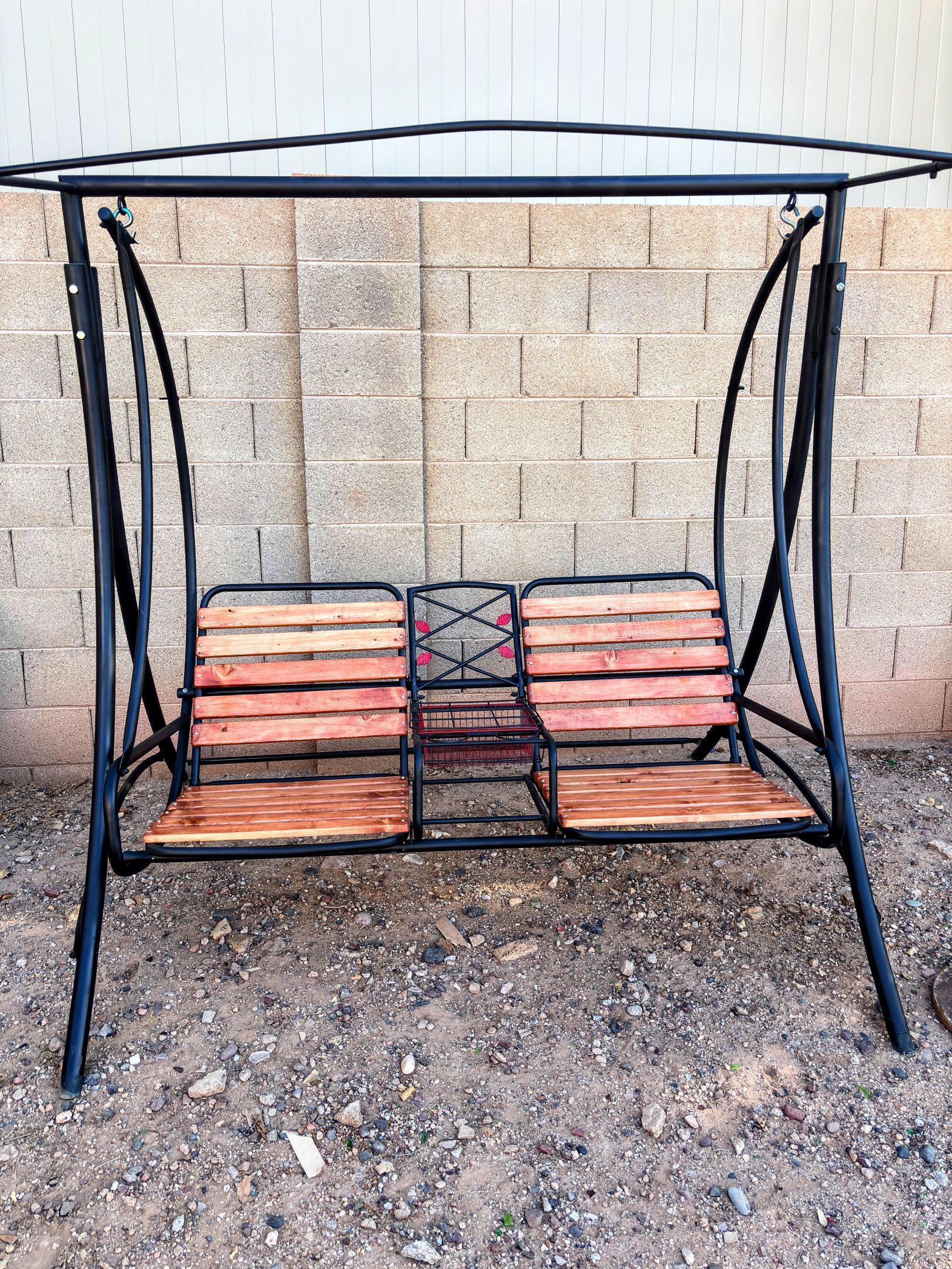 Patio Porch Wood And Metal Bench Swing With Middle Storage And Drink Holders