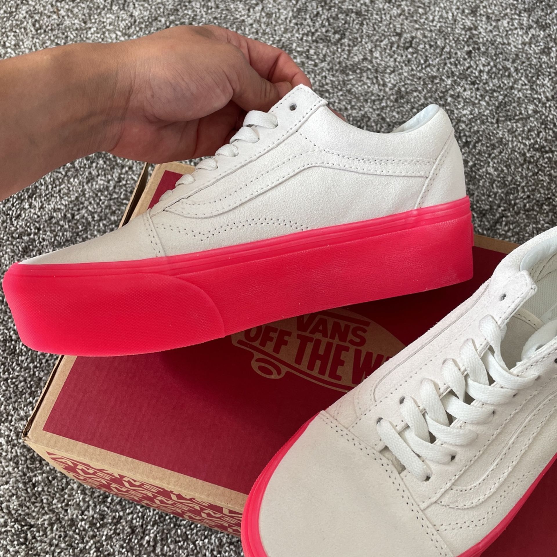 Vans white top red sole