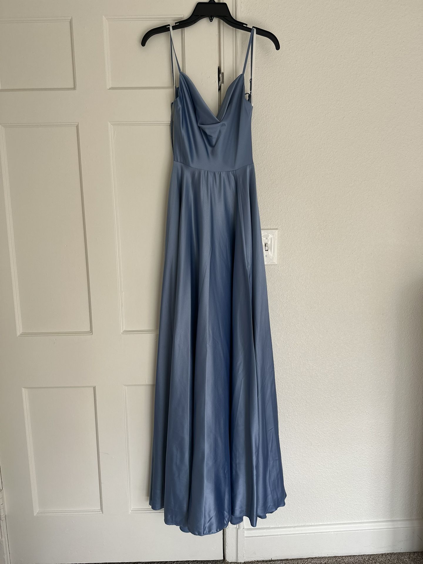 Long Satin Feel Blue Ball Gown