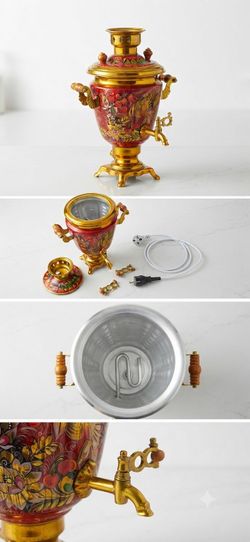 Vintage Russian Electric Samovar – Hand-Painted Floral Brass Tea Urn with Cord