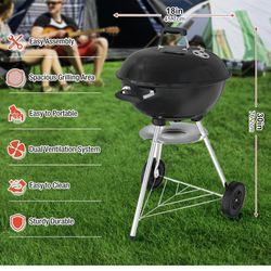 18 inch Charcoal Grill, Portable Kettle BBQ Grills, Perfect BBQ Gift, Durable & Easy to Assemble, Round Barbecue Grill with Wheels and Lid for Outdoor