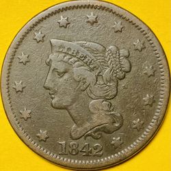 1842 U.S. BRAIDED HAIR LARGE CENT PENNY 1c COIN (VF-Very Fine)