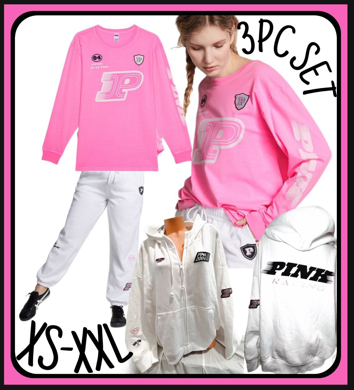 NEW WITH TAGS VICTORIAS SECRET PINK 3PC SET. ZIP HOODIE, PANTS & TEE SHIRT RACING THEME LIMITED ED XS S M L XL XXL