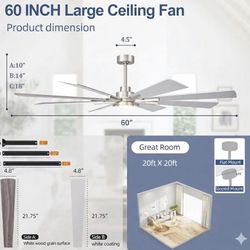 60 Inch Large Ceiling Fans, Outdoor/Indoor Modern Ceiling Fan for Patio Bedroom,6 Speed Reversible Quiet DC Motor, Dual Finish 8 Blades, Brushed Nickl