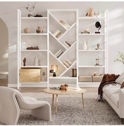 Triple 5 Tier Book Shelf, Large Wooden Bookcase with 17 Open Display Shelf, Modern Tree Bookshelf