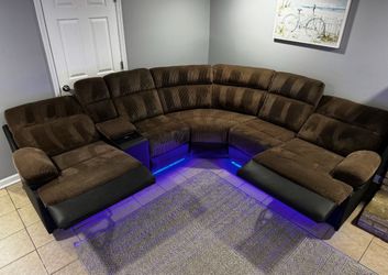 Large Brown Sectional Recliner Sofa with LED Lights