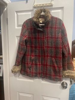 Woolrich Size M Ruby Red Plaid Wool Coat with Faux Fur Trim