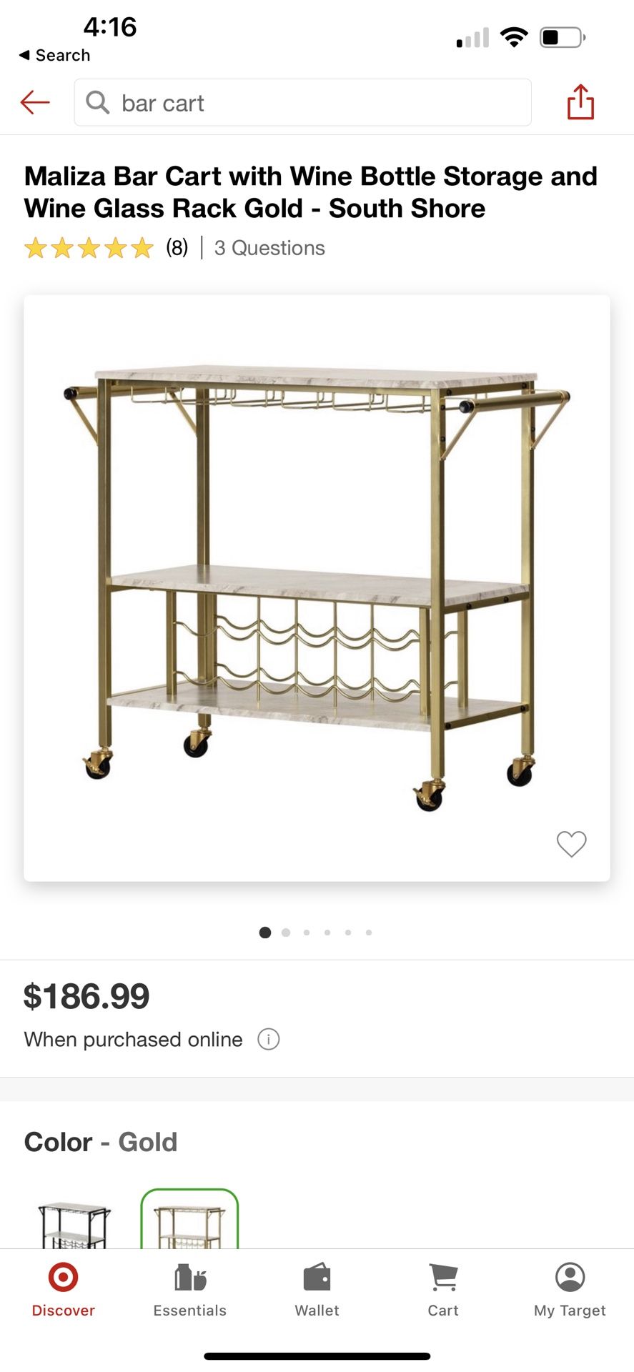 Maliza Bar Cart with Wine Bottle Storage and Wine Glass Rack Gold