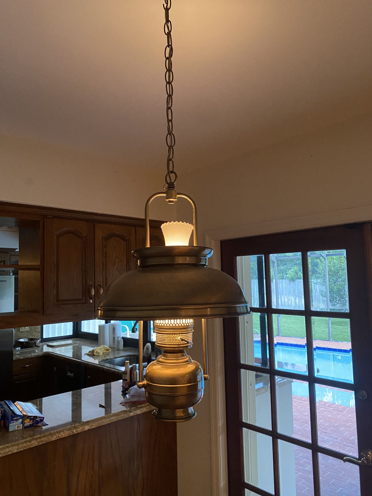 Antique Hanging Brass Oil Lamp / Chandelier