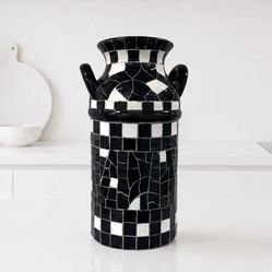Black White Mosaic Floor Vase 18.5” Tall Ceramic Art Pottery Double Handle