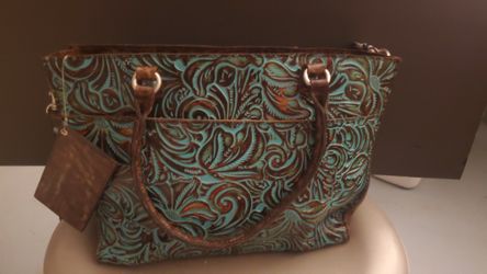 Patricia Nash Tooled Turquoise Poppy Leather Tote Handbag Purse