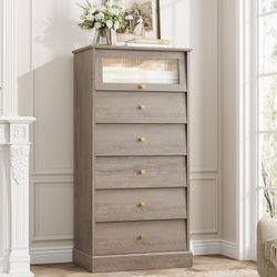 48.7'' Tall Dresser Chest of Drawers with Glass Drawer, 6 Drawer Chest for Home Office, Ash Grey