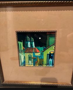 Agustin Gainza painting with 18 x 18 gold frame.