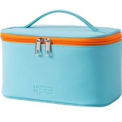 Cosmetic Bag Makeup Bag for Purse Pouch Travel Beauty Zipper Organizer Bag Gifts for Girl Women, PU Leather Washable Waterproof Light-blue BRANDNEW