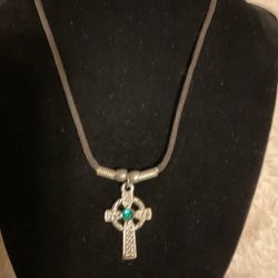 Cloth Rope Necklace With Silver Cross Pendant With Emerald Rhinestone 