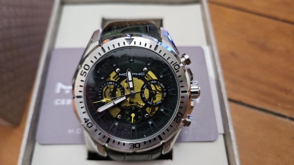 Watch Morphic M66 Series Skeleton Dial Green Leather Silver Watch w/ Day/date