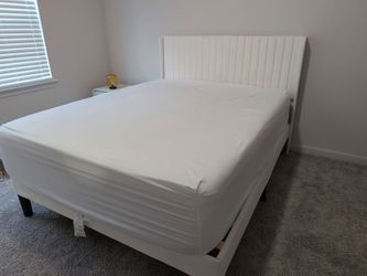 Queen Novaform Mattress + White Velvet Platform Bed – Moving Sale - together at $300 or sold separately