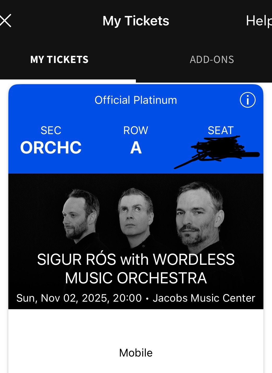 1 Front Row Center SIGUR ROS Ticket @ Jacob’s Music Center San Diego